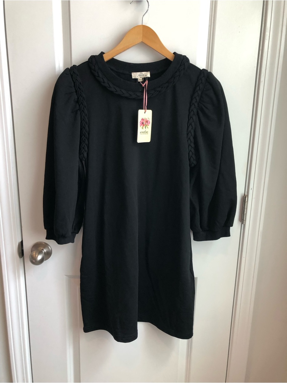 Entro Black Braided Trim Puff Sleeve Dress New With Tags Medium